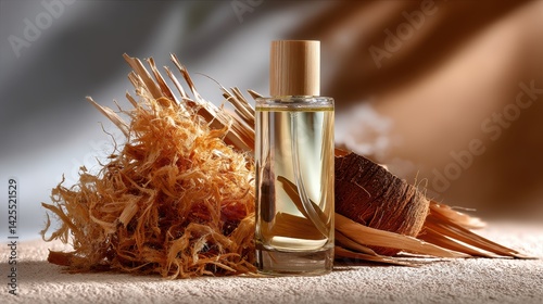 Natural aromatherapy: sandalwood and vetiver essential oil with rustic elements in warm light