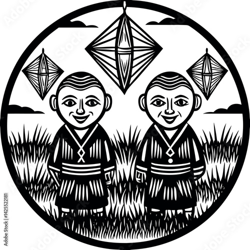 Two-friends-flying-colorful-kites-in-an-open-village.