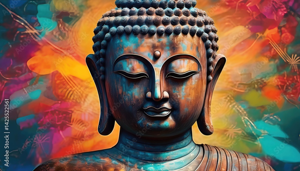 Weathered Bronze Buddha in a Vibrant Abstraction A Meditative Moment of Serenity and Artistic Warmth, Exuding an Air of Ancient Wisdom Weathered Bronze Buddha in a Vibrant Abstraction A Meditative Moment of Serenity and Artistic Warmth, Exuding an Air of Ancient Wisdom