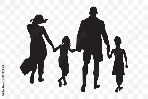Family silhouette parents with two daughters, family walking together