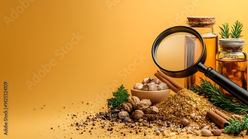 An array of fragrant herbs aromatic spices and natural ingredients displayed with a magnifying glass evoking the warmth and wellness of seasonal cooking and flavors