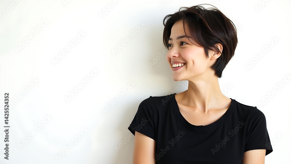 Joyful Portrait of a Smiling Young Woman with Short Hair Against a White Background