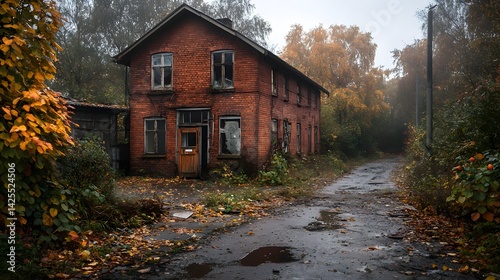 An old weather beaten industrial building partially obscured by overgrown trees and foliage set in a moody autumnal rural landscape