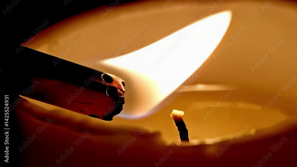Captivating CloseUp: m Flickering Flame of a Lit Candle Against Dark Background. A close up of a lit candle in a dark room.