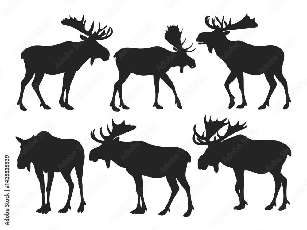 Fototapeta premium Set of Moose Silhouettes in Various Poses - Wildlife Vector Collection.