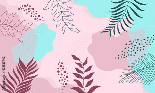 Abstract and floral background template. Contemporary collage with organic shapes and line in pastel colors. Vector Illustration for cover, banner, brochure, poster, flyer and other