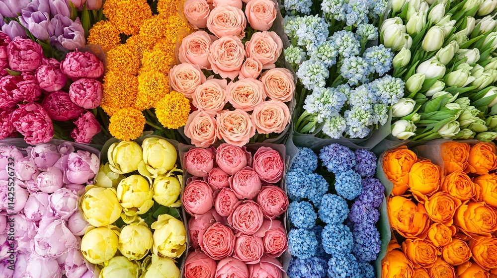 Fototapeta premium vibrant assorted flower bouquet featuring roses, tulips, hydrangeas, and more for spring and celebrations