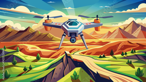 drone in air above ground examines terrain, close-up