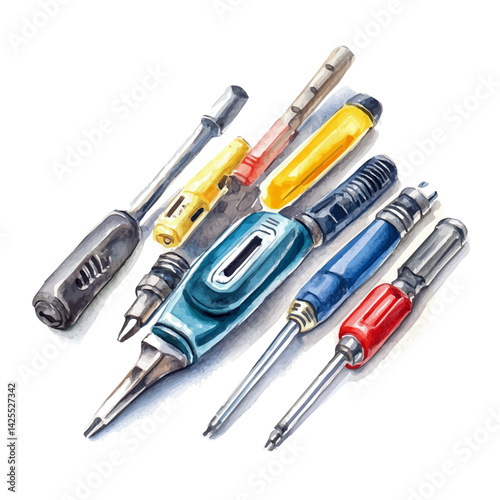 Electrical screwdriver set, watercolor illustration, isolated on a white background.

