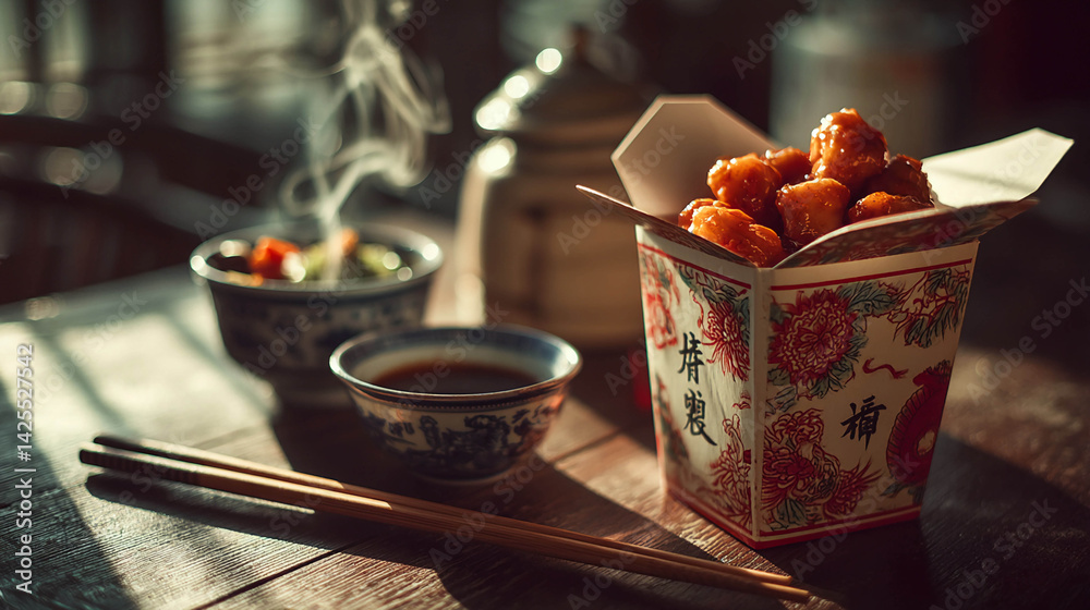 A scene with Asian-style food served on a wooden table. An open takeaway box filled with mouth-watering pieces in sauce. A scene with Asian-style food served on a wooden table. An open takeaway box filled with mouth-watering pieces in sauce.