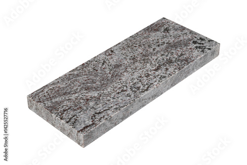 Polished granite stone slab with gray base and black speckles, isolated.