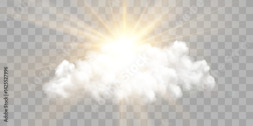 Vector realistic sunny-cloudy sky. Sunlight and cloud texture, nature sky. Vector weather element on png background. Glow light effect with cloud, smoke, fog. Isolated on transparent background.