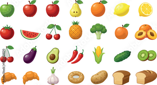 Cartoon Fruit, Vegetable, and Bakery Icon Set