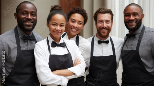 Diverse group of smiling restaurant staff in uniforms