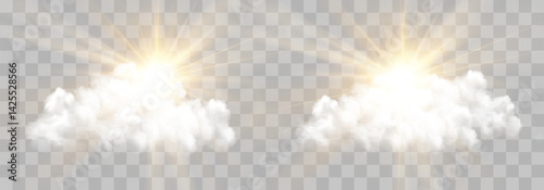 Vector realistic sunny-cloudy sky. Sunlight and cloud texture, nature sky. Vector weather element on png background. Glow light effect with cloud, smoke, fog. Isolated on transparent background.