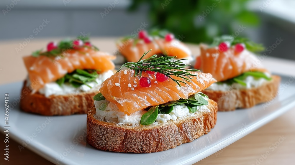 Plate of four small sandwiches with salmon and greens. The sandwiches are on a white plate and are arranged neatly Plate of four small sandwiches with salmon and greens. The sandwiches are on a white plate and are arranged neatly