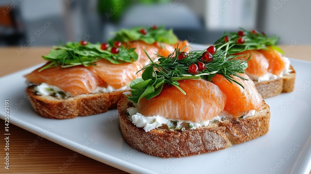 Three sandwiches with salmon and greens on top of a white plate. The sandwiches are on a wooden table Three sandwiches with salmon and greens on top of a white plate. The sandwiches are on a wooden table