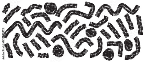 Bold brush drawn various geometric shapes and thick lines. Curved thick brush strokes, circles, squares and dots. Grunge style graffiti shapes. Vector illustration 
