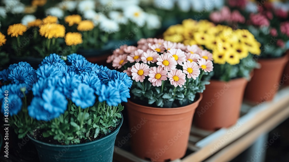 Fototapeta premium colorful potted flowers displaying blue, pink, and yellow blooms in garden environment
