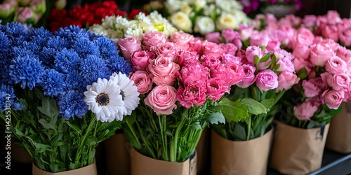colorful seasonally fresh flower bouquets display in paper wrapping for gift or decoration