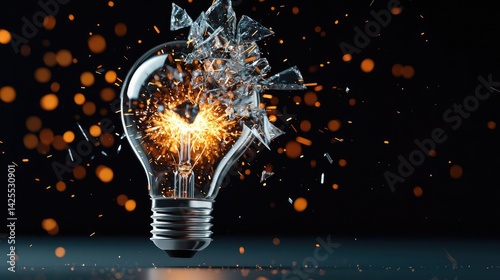 Explosion of lightbulb featuring electric filament concept. A shattered light bulb releasing sparks and energy.