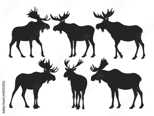Set of Moose Silhouettes in Various Poses - Wildlife Vector Collection.