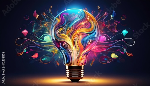Vibrant Abstraction A Glowing Lightbulb Emanating Colorful Shapes and Lines on a Dark Backdrop at Twilight Captivating Digital Art or Home Decor Piece