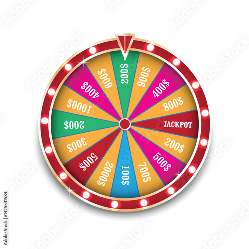 Spinning casino wheel, luck game. Fortune circle, round lucky roulette. Lottery fortuna rotation machine for gambling. Vector eps.