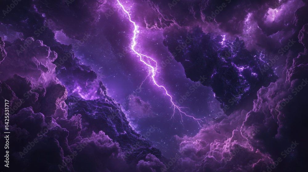 Dramatic purple storm clouds with lightning illuminating the night sky in a cosmic scene