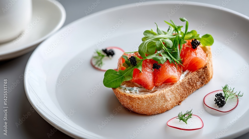 Sandwich with salmon and blackberries on top of a white plate. The sandwich is served on a white plate with a blackberry garnish Sandwich with salmon and blackberries on top of a white plate. The sandwich is served on a white plate with a blackberry garnish