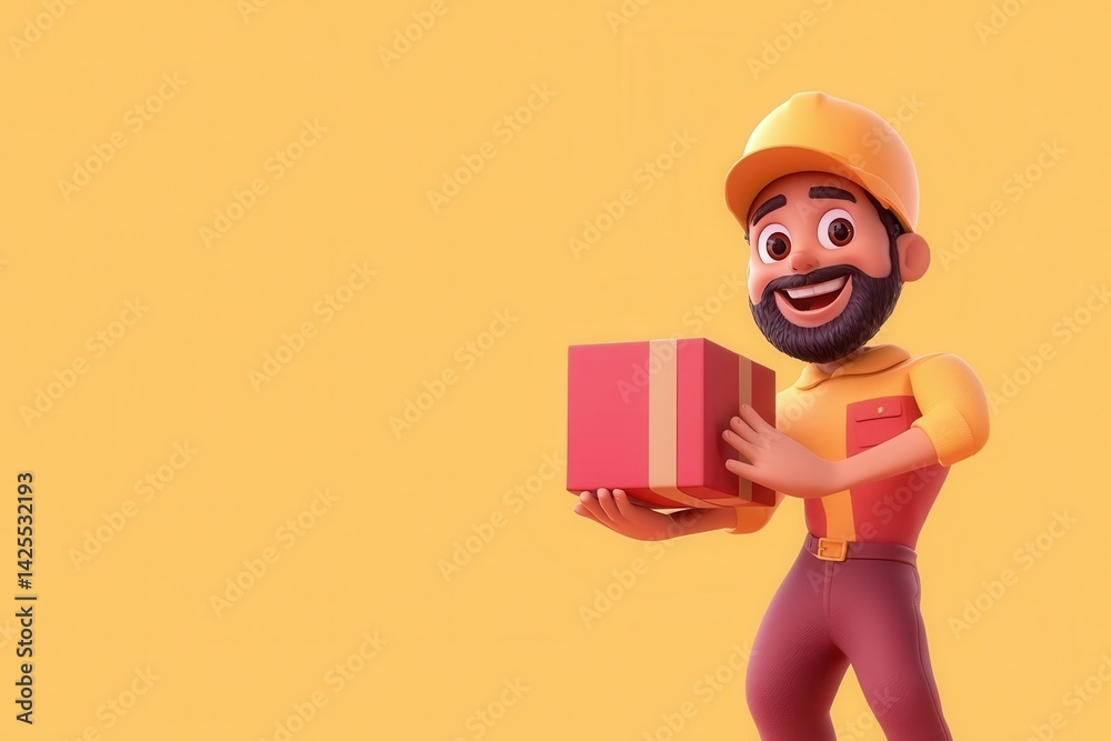 A cheerful cartoon delivery worker holds a gift box against a bright yellow background, showcasing a friendly and engaging expression. A cheerful cartoon delivery worker holds a gift box against a bright yellow background, showcasing a friendly and engaging expression.