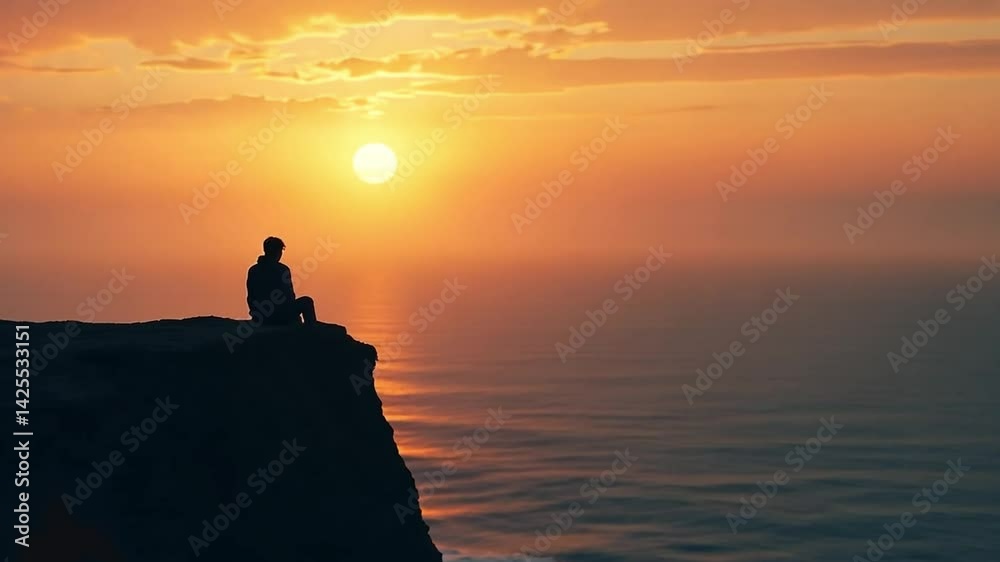 Man Sitting on Cliff Watching Sunset Over the Ocean Man Sitting on Cliff Watching Sunset Over the Ocean
