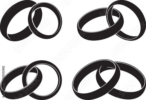 Two overlapping wedding bands, with one ring slightly tilted over the other  black silhouette vector