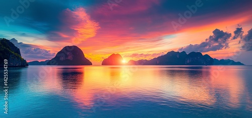 Panoramic view of a colorful sunset over the sea with mountains in Thailand, captured with a wide-angle lens, in high resolution and high definition, with sharp focus and details, no blur, and bright,