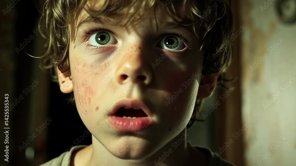 A curious boy gazes in wonder at an unseen spectacle in a dimly lit, abandoned room A curious boy gazes in wonder at an unseen spectacle in a dimly lit, abandoned room