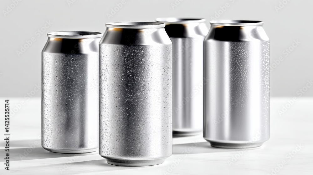 Four cans of soda are sitting on a table, with condensation on the outside. Concept of refreshment and thirst-quenching, as the cold cans of soda are likely to be enjoyed on a hot day Four cans of soda are sitting on a table, with condensation on the outside. Concept of refreshment and thirst-quenching, as the cold cans of soda are likely to be enjoyed on a hot day