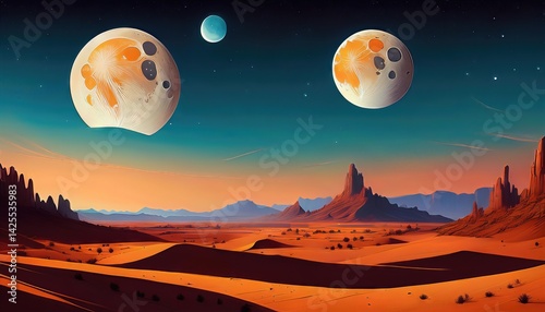 Desert Landscape with a Double Moon An Enigmatic Nightscape, Featuring Rusty Sand Dunes, Deep Reds, and Cool BluishGrey Tones, Portraying a Mesmerizing Nocturnal Mood. photo