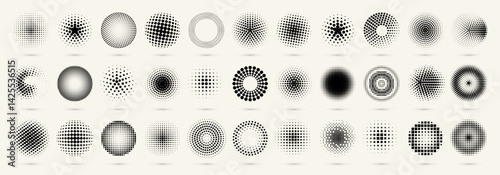 Geometric gradient polka dot icon, halftone dotted circle frame, grunge overlay pixel paint brush, comic speech element and round grain or dust pattern combine a pop art texture technology background.