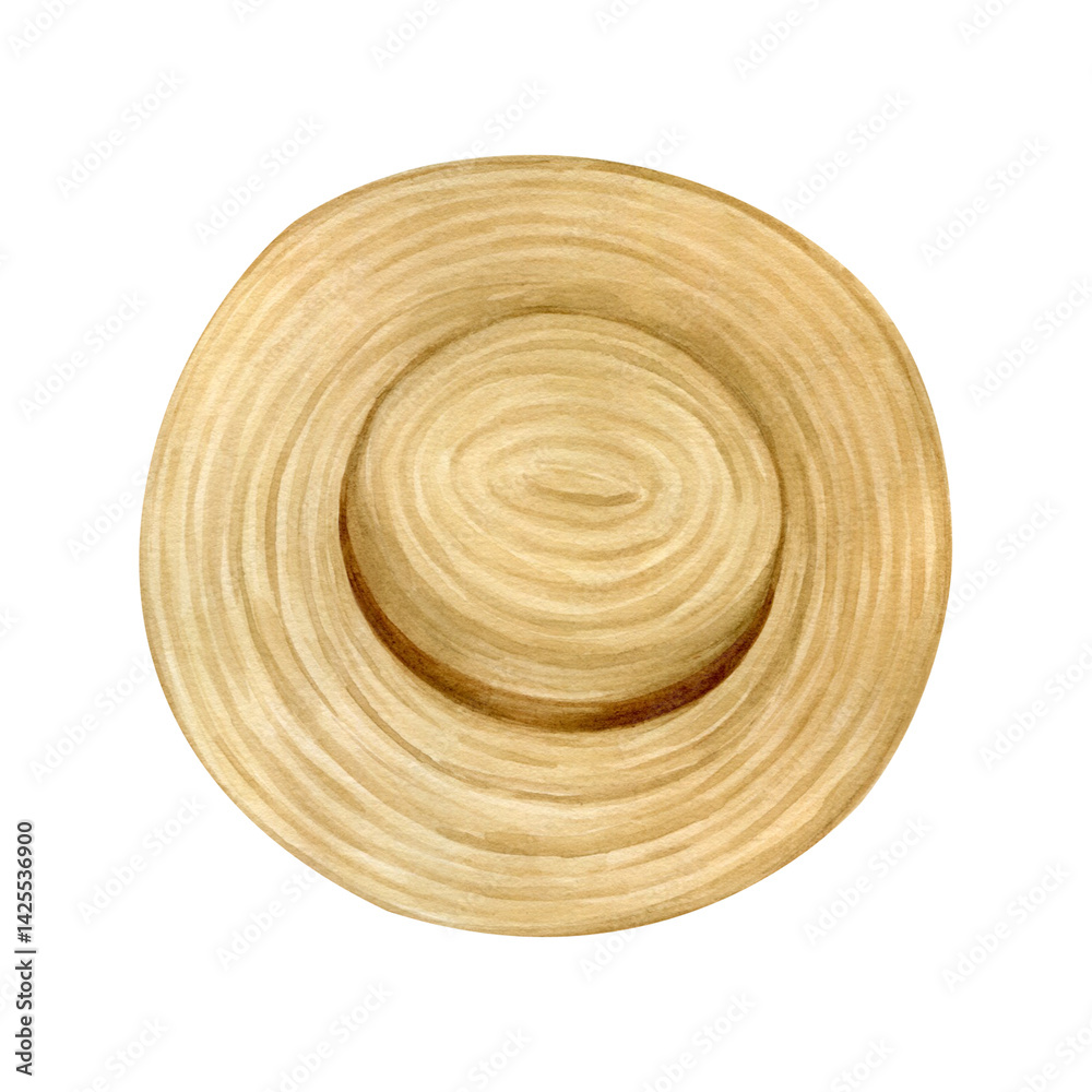 Fototapeta premium Straw hat isolated from background, hand painted with watercolor. Summer boater hat for seasonal compositions, patterns and packaging design