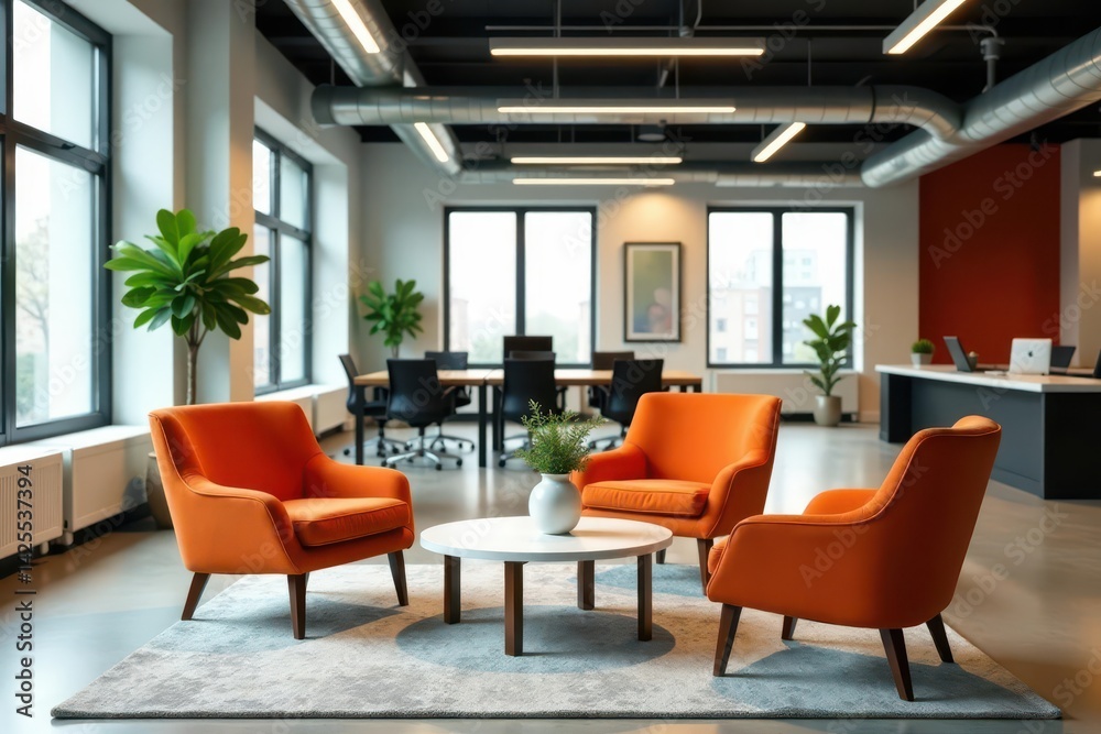 Fototapeta premium Orange accent chairs around low coffee table in open plan office , area, calm, contemporary