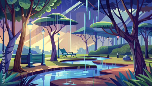 Stillness reigns as water drips from branches in a quiet, post-rain park