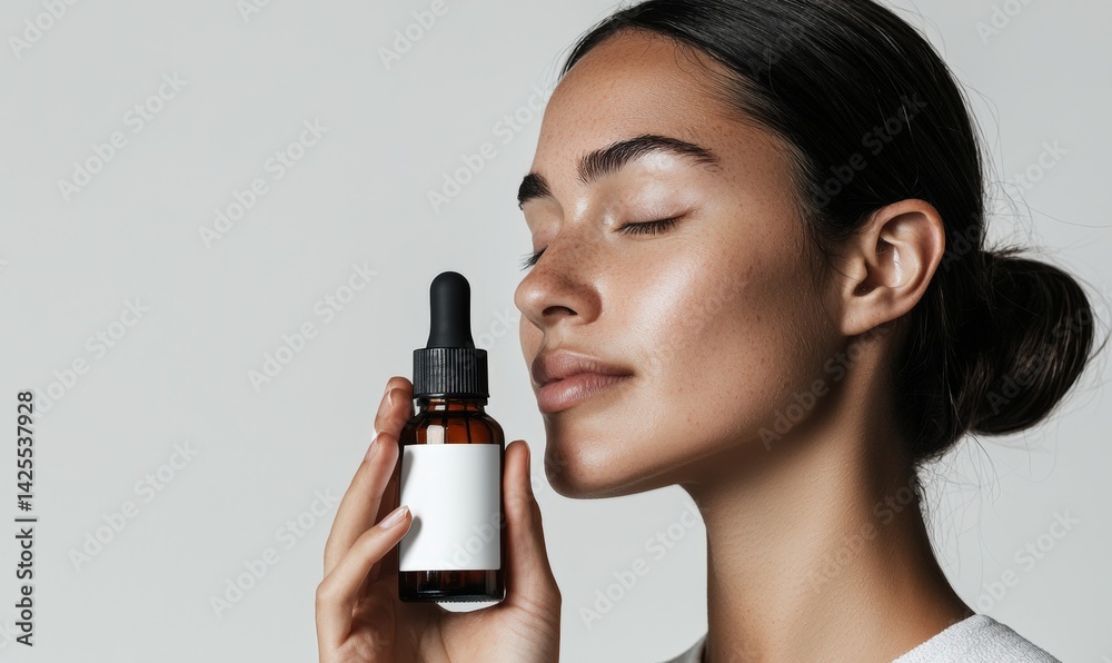 Caucasian female model, holding an amber glass dropper bottle with blank white label and black cap close to her face.