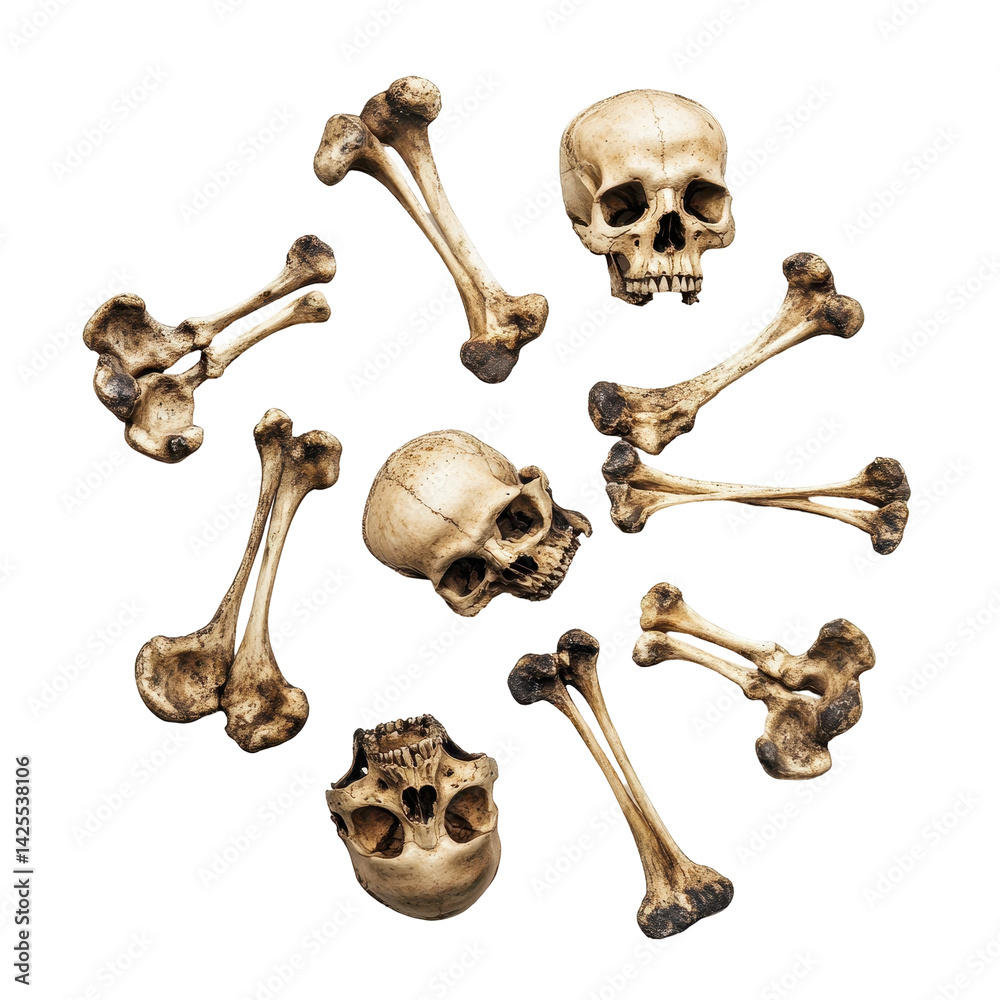 Collection of realistic human skulls and bones displayed on a white background for educational purposes