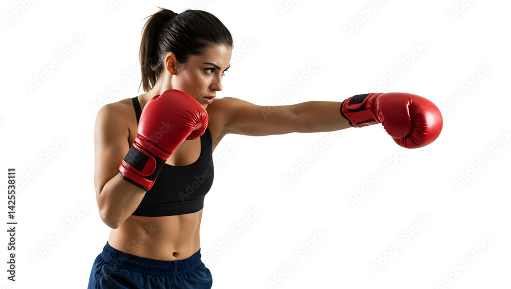 Fototapeta premium Woman boxing training with gloves fitness workout exercise martial arts sport fighter punch strength power on transparent background