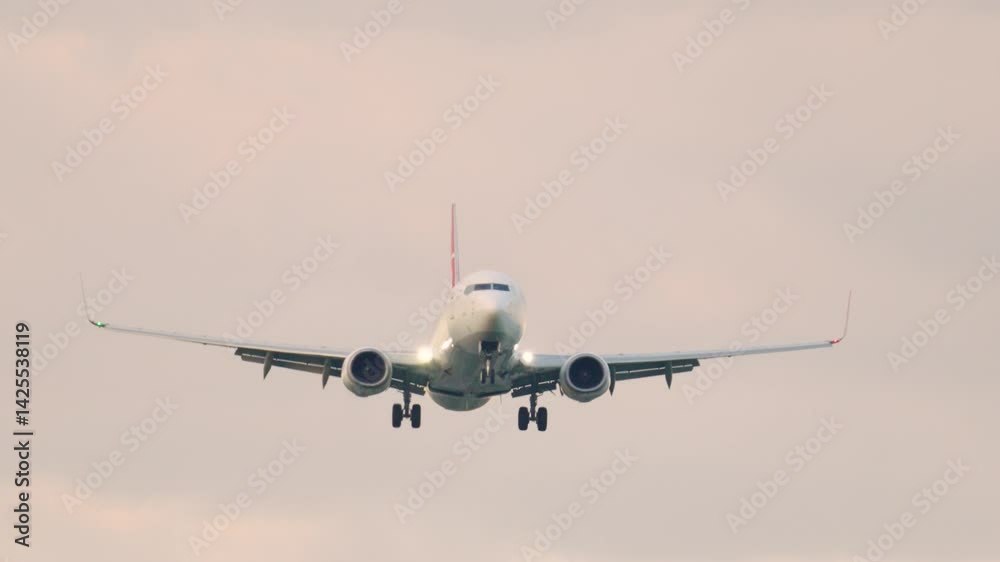 Majestic jet airliner descends gracefully onto runway as clouds gather in the evening sky Majestic jet airliner descends gracefully onto runway as clouds gather in the evening sky