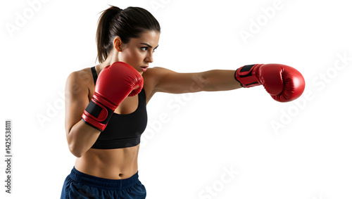 Woman boxing training with gloves fitness workout exercise martial arts sport fighter punch strength power on transparent background