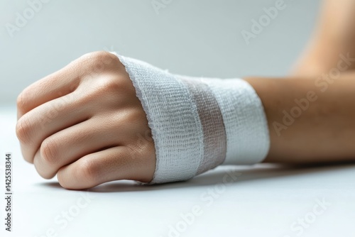 Close-up of a hand with a bandaged wrist, illustrating injury recovery and healing in a clean, minimalist setting.