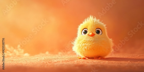 Fluffy yellow chick standing on orange surface at sunrise