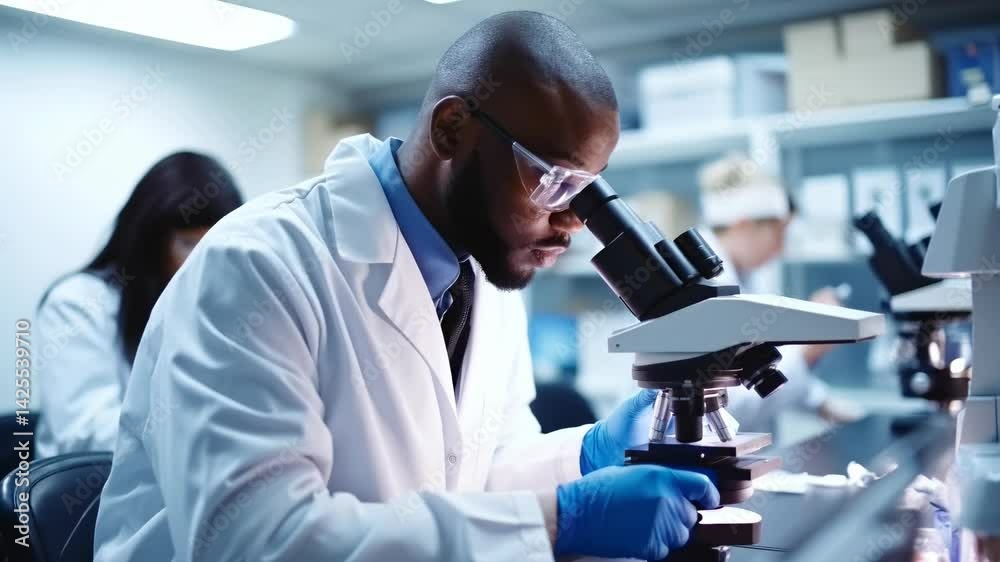 Scientists in lab coats focus on microscopes in a lab. Side angle captures their concentration, resembling a documentary video style. Scientists in lab coats focus on microscopes in a lab. Side angle captures their concentration, resembling a documentary video style.