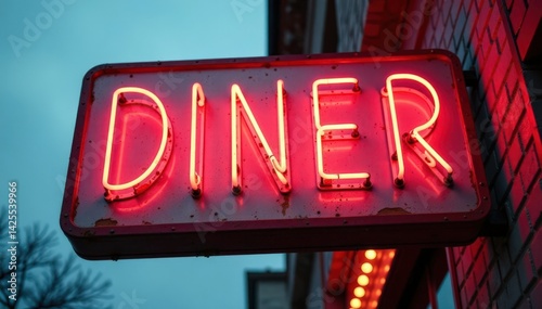 Classic diner sign with distressed edges and neon lights, diner, sign, neon